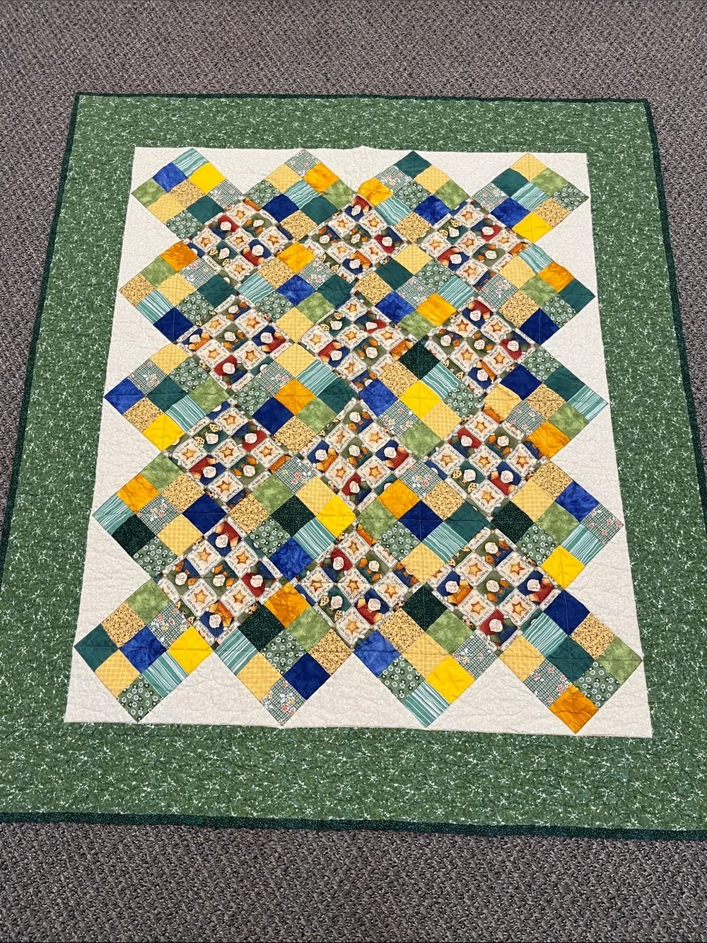 Handmade Green & Multi-Color Patchwork Quilt    42x48.  Whimsical Graphic